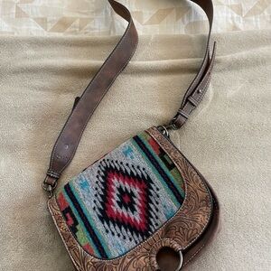 Justin Boots Brown Leather Crossbody with Multi-Color Southwestern Accent